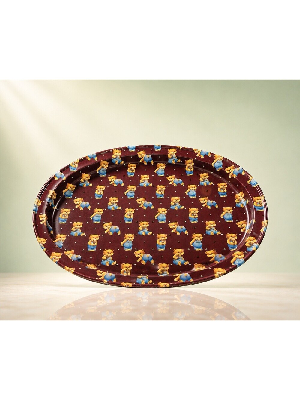 Hershey’s 1980s Teddy Bear Burgundy Oval Promotional Tin Tray, 14.5x11.5”